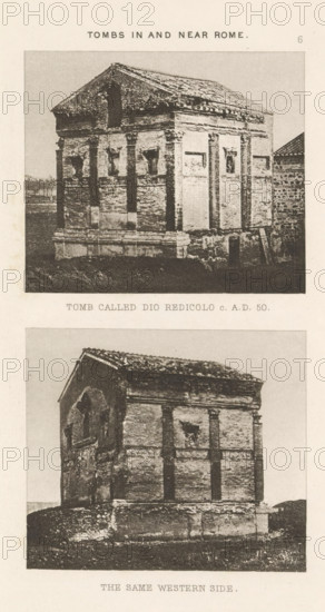 Tomb called Dio Redicolo c. AD 50. The same western side, Twice a view of the Cenotafio di Annia Regilla, page, photomechanical print, number: '6', Rome, cliché maker: Dujardin Frères, Paris, c. 1867 - in or before 1877, photographer, paper, photoaquatint, height 223 mm x width 142 mm, monument, statue, grave, tomb, Cenotafio di Annia Regilla, A vertical image showing two sepia-toned photographs of a small rectangular stone building with a pitched roof, each photo framed with a pale border and separated by a blank strip; the upper photograph depicts the building from an angled front view with visible decorative rectangular panels and small recessed niches on its textured brick walls, a triangular pediment at the roofline, and a darker ground in front; the lower photograph shows the building from a slightly different angle emphasizing the western side with similar brickwork, vertical pilaster-like features, a rough stone base, and uneven ground surrounding the structure.