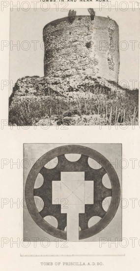 View and photo reproduction of a plan of the Sepolcro di Priscilla in Rome, Tomb of Priscilla. AD 90, reproduction, page, photomechanical print, number: '7', Rome, cliché maker: Dujardin Frères, Paris, after drawing by anonymous, c. 1867 - in or before 1877, photographer, paper, photoaquatint, height 223 mm x width 142 mm, grave, tomb, plan, architecture, Sepolcro di Priscilla, A vertical composite image showing two separate black-and-white illustrations stacked one above the other; the top illustration depicts a cylindrical stone tower or ruin set on uneven rocky ground with low vegetation in front and a few taller plants or stumps visible at the tower top, the tower surface showing irregular stone texture and a vertical lighter patched area on one side; the lower illustration shows a geometric floor plan or circular diagram within a square frame, with a thick dark ring around a central cross-shaped form and several rounded segments arrayed inside the ring, all rendered in shaded gray...