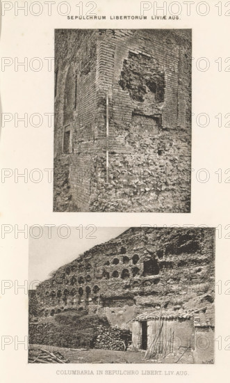Columbaria in sepulchro libert. liv. Aug., Two views of probably the columbarium of the Vigna Codini, page, photomechanical print, Rome, cliché maker: Dujardin Frères, c. 1867 - in or before 1877, photographer, paper, photoaquatint, height 223 mm x width 142 mm, niche-tomb, wall-tomb, Columbarium of the Vigna Codini, A vertically oriented page with two sepia-toned photographs depicting ancient stone and brick structures, the upper image showing a close-up of a corner of a masonry wall with visible brick courses and an area of rough, eroded stonework, a narrow vertical measuring pole leaning against the corner, and irregular rubble at the base; the lower image showing a broader view of a rocky hillside face pierced by rows of circular openings, a small ruined stone building with a tiled roof in the foreground, stacks of cut wood or rubble nearby, and scattered long thin poles leaning against the building, all presented on a light background with margins around the photographs.