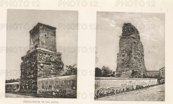 Sepulchrum in Via Appia, Two tombs on the Via Appia in Rome, page, photomechanical print, c. 1867 - in or before 1877, paper, photoaquatint, height 223 mm x width 142 mm, grave, tomb, Via Appia Antica, Two separate black-and-white photographic panels show tall ancient stone structures set against pale skies, each rising from rough stone bases and enclosed by low walls in the foreground. The left panel features a square tower with a worn, textured surface, small rectangular openings, and an overhanging roof edge atop a layered stone pedestal with vegetation at its base. The right panel shows a taller, irregularly shaped ruin with a craggy top, numerous small openings along its face, and surrounding low walls and scattered trees near its base.