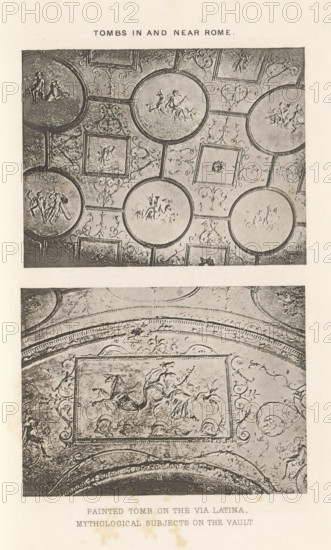 Decoration of a tomb on the Via Latina in Rome, Painted tomb on the Via Latina. Mythological subjects on the vault, page, photomechanical print, Via Latina, cliché maker: Dujardin Frères, Paris, c. 1867 - in or before 1877, photographer, Rome, paper, photoaquatint, height 223 mm x width 142 mm, grave, tomb, (decorated) ceiling, An aged printed page shows two rectangular photographic panels of decorative ceiling artwork separated by a blank margin; the upper panel features a patterned ceiling with framed medallions and rectangles containing figurative reliefs and ornamental scrollwork, the lower panel shows a portion of a vaulted ceiling with a central rectangular panel depicting a rider on a rearing horse surrounded by decorative flourishes and curving ornamental borders, the page background is a pale, slightly speckled paper.