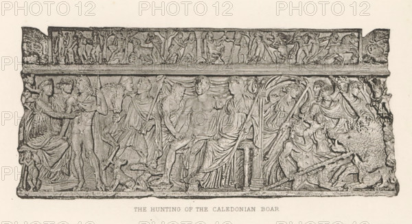 The hunting of the Caledonian boar, Relief of a sarcophagus, depicting the Calydonian hunt, page, photomechanical print, cliché maker: Dujardin Frères, Paris, c. 1867 - in or before 1877, photographer, paper, photoaquatint, height 78 mm x width 173 mm, sarcophagus, the Calydonian hunt, decorating 'en relief', appliquéing, A rectangular carved stone relief with a narrow frieze along the top and a larger main scene below, showing numerous human figures in classical draped clothing and some partially nude, arranged across the panel in various standing, seated, and reclining poses; several figures hold spears or staffs and a few lead or restrain animals, while a prominent seated pair at the center are flanked by attendants and draped fabric; to the right a large boar-like animal is being confronted by figures with spears and one figure appears to be grasping the animal; to the left groups of figures cluster together, some with arms around each other, and small animals and dogs appear near ...
