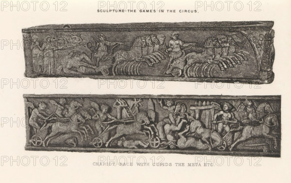 Sculpture - The games in the circus. Chariot-race with cupids the meta etc, Two reliefs of sarcophagi, depicting games in a Roman circus and a competition with triumphal chariots, page, photomechanical print, cliché maker: Dujardin Frères, Paris, c. 1867 - in or before 1877, photographer, paper, photoaquatint, height 143 mm x width 224 mm, square, circus, sarcophagus, decorating 'en relief', appliquéing, ancient forms of military vehicles: chariot, battle wagon, A faded print shows two long rectangular stone relief panels stacked vertically, each depicting a crowded scene of chariots and figures carved in low relief. The upper panel features a series of chariot horses seen in profile, charioteers holding reins, a fallen figure with a wheel near its head, and standing draped figures at the panel ends. The lower panel shows a dense arrangement of chariots and horses with charioteers and smaller winged figures amid twisting limbs and raised arms, all carved with weathered texture and surr...