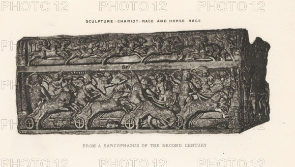 Sculpture - Chariot-race and horse race, Relief of a sarcophagus, depicting a race with horses and triumphal chariots, page, photomechanical print, inscription: 'From a sarcophagus of the second century', cliché maker: Dujardin Frères (possibly), Paris, c. 1867 - in or before 1877, photographer, paper, photoaquatint, height 143 mm x width 224 mm, sarcophagus, decorating 'en relief', appliquéing, ancient forms of military vehicles: chariot, battle wagon, A rectangular stone relief with carved scenes spanning its front and upper band, showing multiple human figures and horses in dynamic poses. The lower scene depicts chariots with horses in motion and figures standing or seated within the chariots, some with raised arms and draped garments, while the upper band shows additional figures and horses in a narrower frieze. The stone block has a darker, roughened area on one vertical end and a lighter surrounding background. The carving surfaces show textured, worn details and varying depths o...