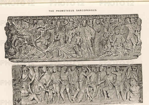 The Prometheus sarcophagus Victory of some Roman general over Barbarians, Two reliefs of sarcophagi, the Prometheus sarcophagus and a representation of the victory of a Roman general, page, photomechanical print, cliché maker: Dujardin Frères (possibly), Paris, c. 1867 - in or before 1877, photographer, paper, photoaquatint, height 143 mm x width 224 mm, sarcophagus, decorating 'en relief', appliquéing, Prometheus brings fire to mankind, A rectangular carved stone panel filled with numerous sculpted human figures in various poses and draped garments, some standing and some seated or reclining, with detailed folds in the clothing and expressive facial features; decorative border along the top with circular motifs; scenes include figures holding objects, interacting closely, and small childlike figures among adults; figures on the left appear clustered with one reclining, central area shows standing figures with flowing robes, and the right side has seated and standing figures in animate...
