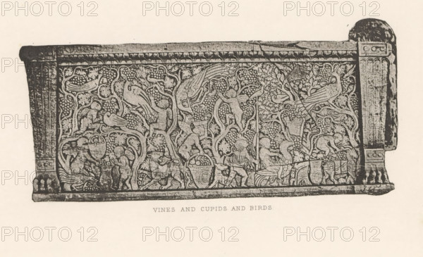 Relief of a sarcophagus, depicting putti with birds in a vineyard, Vines and cupids and birds, page, photomechanical print, cliché maker: Dujardin Frères (possibly), Paris, c. 1867 - in or before 1877, photographer, paper, photoaquatint, height 80 mm x width 170 mm, cupids: 'amores', 'amoretti', 'putti', vine, sarcophagus, decorating 'en relief', appliquéing, A rectangular carved stone panel surrounded by thicker vertical endpieces, filled with an intricate relief of intertwining vines, stylized leaves, clusters of fruit, many birds perched among the branches, and multiple small winged cherub-like figures engaged in various poses; the relief shows baskets and containers, curved branches weaving throughout, and a decorative border along the top and bottom edges.