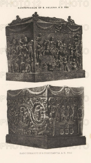 Sarcophagus of s. Helena. AD 330 Sarcophagus of Constantia. AD 350, Two sarcophagi of Helena and Constantina, page, photomechanical print, cliché maker: Dujardin Frères (possibly), Paris, c. 1867 - in or before 1877, photographer, paper, photoaquatint, height 223 mm x width 142 mm, sarcophagus, decorating 'en relief', appliquéing, St. Helena (one of the nine worthiest women), The image shows two rectangular stone sarcophagi stacked vertically within the frame, each with ornate carved reliefs and decorative garlands along the top edges. The upper sarcophagus displays sculpted human figures in various poses, including several mounted on horses and others standing or reclining, with draped swags and carved reclining figures along the lid. The lower sarcophagus features intricate scrollwork, a central oval medallion with a carved bust, additional human figures in groups, and garland motifs with a carved head at the top center, all set on a plain stepped base and shown against a light backg...