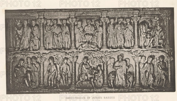 Sarcophagus of Junius Bassus, Relief of the sarcophagus of Junius Bassus, page, photomechanical print, cliché maker: Dujardin Frères, Paris, c. 1867 - in or before 1877, photographer, paper, photoaquatint, height 91 mm x width 182 mm, sarcophagus, decorating 'en relief', appliquéing, A rectangular stone relief divided into horizontal registers with carved human figures standing and seated within arch-like niches and between decorative columns, the upper register showing robed figures in long garments facing or gesturing toward one another and some seated in small troughs beneath a frieze, and the lower register depicting a mix of draped and partially nude figures arranged in groups around central seated figures and small children, with ornamental capitals, arches, and foliage motifs separating the scenes, all rendered in a monochrome print with visible texture and slight wear.