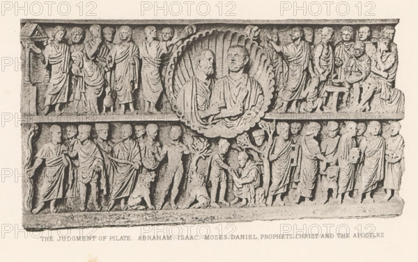 The judgment of Pilate. Abraham, Isaac, Moses, Daniel, Prophets, Christ and the Apostles, Relief of a sarcophagus depicting the judgment of Pontius Pilate, page, photomechanical print, cliché maker: Dujardin Frères (possibly), Paris, c. 1867 - in or before 1877, photographer, paper, photoaquatint, height 88 mm x width 160 mm, sarcophagus, Pilate showing Christ to the people, 'Ostentatio Christi', 'Ecce Homo' (John 19:4-6), decorating 'en relief', appliquéing, A rectangular stone relief divided into two horizontal registers showing rows of carved human figures in draped garments, with a central circular medallion intersecting the two bands containing two facing busts framed by a scalloped border; the upper register displays standing figures in varied poses, some gesturing and some seated at small stools, with folded and flowing robes and closely spaced heads, while the lower register shows additional standing and kneeling figures, one kneeler reaching toward another and a small animal a...