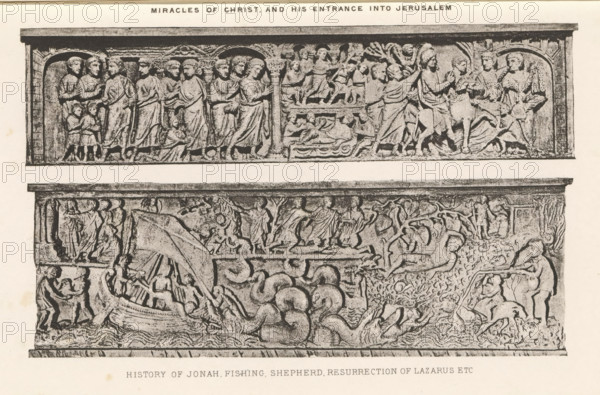 Two reliefs of sarcophagi, depicting episodes from the life of Christ and the story of Jonah, Miracles of Christ, and his entrane into Jerusalem History of Jonah, fishing, shepherd, resurrection of Lazarus etc, page, photomechanical print, cliché maker: Dujardin Frères (possibly), Paris, c. 1867 - in or before 1877, photographer, paper, photoaquatint, height 140 mm x width 223 mm, sarcophagus, decorating 'en relief', appliquéing, the ship is caught in a violent storm, Jonah and the sailors, A wide rectangular stone relief divided into horizontal panels is shown, with carved human figures in draped garments and architectural elements. The top panel contains a procession of standing figures grouped beneath arched niches, some with hands raised or clasped and a few smaller figures near their feet. The middle area has a scene with reclining and seated figures, a central sleeping figure on a raised bed, and standing figures gesturing toward a seated person on the right. The lower larger pan...