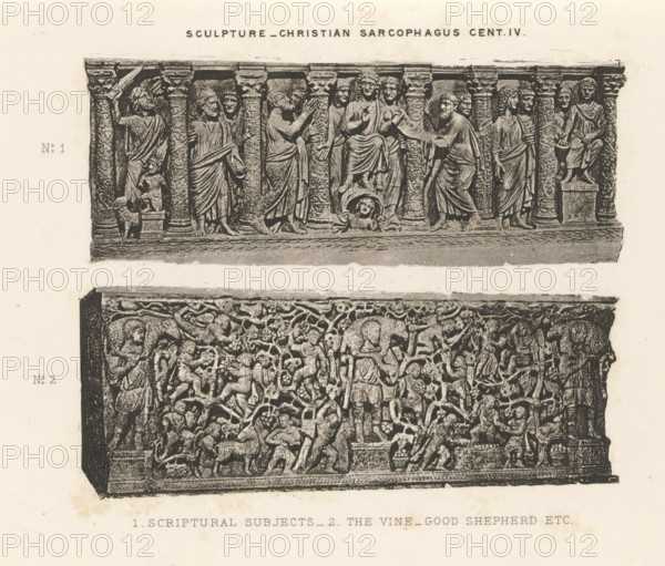 Sculpture - Christian sarcophagus cent. IV., Two reliefs of sarcophagi, depicting Biblical scenes and the Good Shepherd surrounded by putti, page, photomechanical print, inscription: '1. Scriptural subjects - 2. The vine - Good shepherd etc.', cliché maker: Dujardin Frères (possibly), Paris, c. 1867 - in or before 1877, photographer, paper, photoaquatint, height 140 mm x width 215 mm, sarcophagus, Christ as Good Shepherd, decorating 'en relief', appliquéing, A rectangular stone slab with carved reliefs fills the image, the upper portion showing a row of standing figures clad in draped garments separated by decorative columns, some figures holding objects or gesturing, a central seated figure atop a small pedestal with a carved head beneath, and the lower portion densely packed with intertwined vines, animals, and many small human and hybrid figures in varied poses, all rendered in a monochrome, high-contrast engraving style on a light background.