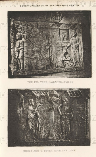Sculpture - Ends of sarcophagus cent. IV, Two reliefs of sarcophagi, depicting Lazarus by a fig tree and Christ and Peter by the rooster, page, photomechanical print, inscription: 'The fig tree - Lazarus- tombs. Christ and S. Peter with the cock', cliché maker: Dujardin Frères (possibly), Paris, c. 1867 - in or before 1877, photographer, paper, photoaquatint, height 217 mm x width 141 mm, the raising of Lazarus ('Lazarus, come out'), sarcophagus, decorating 'en relief', appliquéing, cock on column, instruments of the Passion, A vertical sheet shows two rectangular carved relief panels stacked one above the other, each framed by a dark border and depicting scenes in a stonework style. The top relief portrays architectural elements with a building facade in the background and multiple human figures in robes arranged across the scene; one figure stands at the left edge near a tree with detailed leaves, a central figure appears seated or kneeling, and a robed figure on the right gestures t...