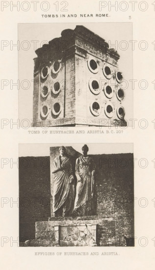 Tomb Eurysaces and Aristia BC 20? Effigies Eurysaces and Aristia, View of the Tomb of Eurysaces and the Sculptures of Marcus Vergil Eurysaces and Aristia, page, photomechanical print, number: '3', c. 1870 - in or before 1877, paper, photoaquatint, height 223 mm x width 142 mm, sculpture, grave, tomb, Rome, Tomb of Eurysaces, A vertically oriented page showing two black-and-white photographic images stacked one above the other with blank margins around them. The top image depicts a large stone funerary monument photographed at an angle, showing two adjoining faces of a rectangular tomb block with circular recessed openings arranged in a grid pattern and a decorative cornice at the top; the stone has a weathered surface with darker shadowed recesses and lighter worn faces. The bottom image shows a stone funerary relief with two standing draped figures carved in high relief against a rectangular backing stone placed on a stepped base; the figures wear long flowing garments with folds and ...