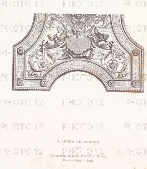 Ceiling du Louvre, Photo reproduction of a drawing depicting part of the ceiling of the Musée du Louvre in Paris, reproduction, page, photomechanical print, Fontainebleau, cliché maker: Dujardin Frères, Paris, after drawing by anonymous, c. 1859 - in or before 1869, photographer, paper, photoaquatint, photogravure and relief process H. Garnier, height 96 mm x width 162 mm, Print after page 40., (decorated) ceiling, Musée du Louvre, An ornate semicircular architectural drawing in dark ink occupies the upper portion of the page, featuring a decorative border with repeating geometric patterns and rosette medallions at the corners, a wide arch with concentric patterned bands, elaborate scrollwork and foliage motifs, and two seated robed figures facing inward above a central rectangular panel decorated with intricate floral designs, with symmetrical torch-like elements and garlands surrounding them; the lower portion of the page is largely blank with faint stains and small speckles across t...