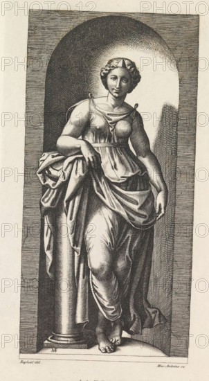 La force, Photo reproduction of an engraving depicting the Force, reproduction, page, photomechanical print, name: 'E BALDUS 25 rd'Assas, 25, Paris', cliché maker: Édouard Denis Baldus, Paris, after print by Marcantonio Raimondi, Italy, after drawing by Rafaël, c. 1859 - in or before 1869, Édouard Denis Baldus, Marcantonio Raimondi, Rafaël, photographer, cliché maker, after print by, after drawing by, paper, photoaquatint, height 216 mm x width 105 mm, Print after page 40., Strength, Power, 'Fortezza', 'Fortezza d'Animo e di corpo', 'Fortezza del corpo congiunta con la generosità dell'animo', 'Fortezza & valore del corpo congiunto con la prudenza & virtù del animo', 'Forza' (Ripa), A monochrome engraving of a classical female figure standing in a recessed arched niche, wearing a draped gown that reveals the contours of her body, with one arm resting on a short column and the other holding a fold of fabric; she has short wavy hair and a small pointed headpiece, a calm facial expression,...