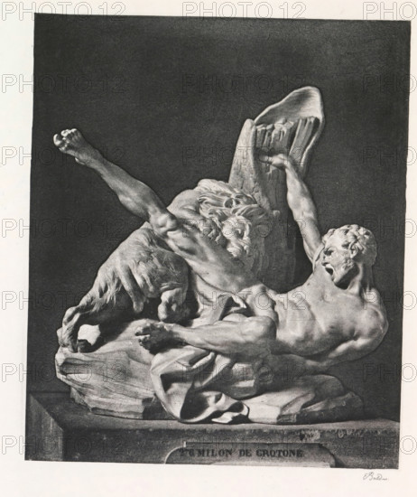 Morceau de réception d'Étienne Falconet à l'Académie, 1754, Sculpture of Milos van Croton, page, photomechanical print, inscription: 'Musée du Louvre.', photographer: Édouard Denis Baldus, France, cliché maker: anonymous, c. 1859 - in or before 1869, paper, photoaquatint, height 192 mm x width 160 mm, Print after page 40., sculpture, wrestling (sport), A grayscale image of a sculptural relief showing two male figures and a goat-like animal on a rocky base against a dark rectangular background, one figure reclines with a muscular torso and outstretched arm while looking upward with an open mouth, the other figure appears older with a flowing beard and raised arm, the animal stands with its head lowered and legs visible, draped cloth folds cover part of the figures and base, and the composition rests on a plinth with a faint signature visible near the lower right corner.