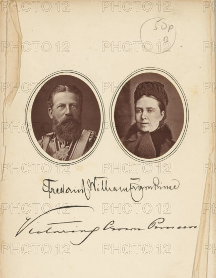 Double portrait of Emperor Frederick III of Prussia and Empress Victoria of Prussia, page, photomechanical print, inscription: 'Frederick William Crown Prince Victoria Crown Princess', c. 1883 - in or before 1888, paper, Woodburytype, Woodburytypie, height 191 mm x width 125 mm, Prints on frontispiece., Person, Victoria of Saxe-Coburg and Gotha (German Empress), Frederick III (King of Prussia and German Emperor), ruler, sovereign, sovereign - BB - female ruler, A yellowed page with signs of wear at the edges contains two oval sepia portrait photos near the top, each framed by double-lined borders; the left portrait shows a bearded man wearing a decorated uniform with a sash and medals, and the right portrait shows a woman wearing a dark textured hat and a fur-trimmed coat with a scarf.