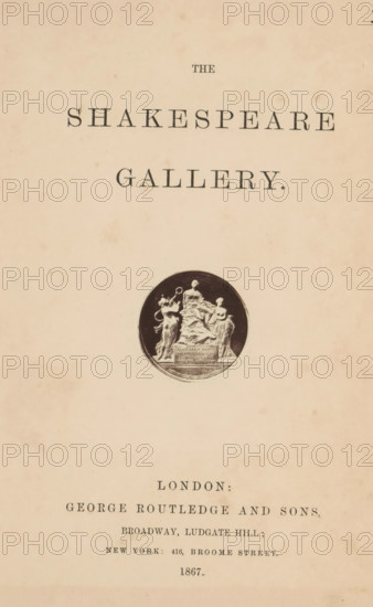 Relief of the Boydell Shakespeare Gallery in London, depicting William Shakespeare flanked by two muses, photograph, page, photographer: Stephen Ayling, London, c. 1854 - in or before 1867, paper, albumen print, height 35 mm x width 35 mm, Photo on title page., decorating 'en relief', appliquéing, A faded cream page with a large centered title area in dark serif type, a circular black-and-white medallion bearing a sculptural relief of three draped figures set below the title, and additional lines of smaller dark type arranged toward the lower portion of the page, all on a slightly aged, spotted background.