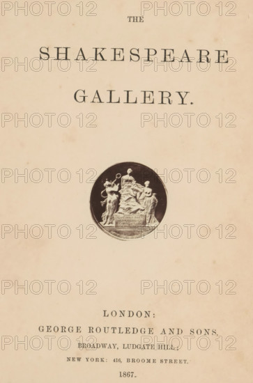 The Shakespeare gallery, book, name: 'William Henry Fulcher Balmoral Villa Parkstone Road Foole Dorset', publisher: George Routledge & Sons, London, 1867, textile materials, paper, linen (material), albumen print, color on cut, height 213 mm x width 170 mm x thickness 45 mm, A faded cream page with a centered circular dark medallion near the middle showing a sculptural relief of three robed figures on a pedestal, the central figure seated and flanked by two standing figures, and faint scattered spots and aging marks across the background.
