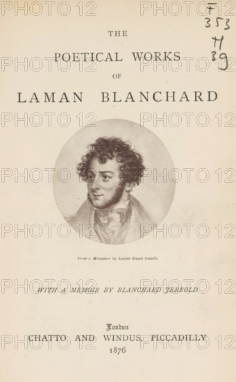 Photo reproduction of a drawing, depicting a portrait of Samuel Laman Blanchard, reproduction, page, photomechanical print, cliché maker: anonymous, after painting by Louisa Stuart Costello, c. 1871 - in or before 1876, photographer, paper, Woodburytype, Woodburytypie, height 198 mm x width 128 mm, Print on title page., Person, Samuel Laman Blanchard, portrait of a writer, A vertically oriented aged paper page with a centered circular portrait of a curly-haired man shown from the shoulders up, rendered in a detailed monochrome sketch style; the man has sideburns and is wearing a high-collared garment and a loosely tied scarf, and the portrait sits amidst ample blank margins with a small handwritten mark in darker ink near the top right edge.