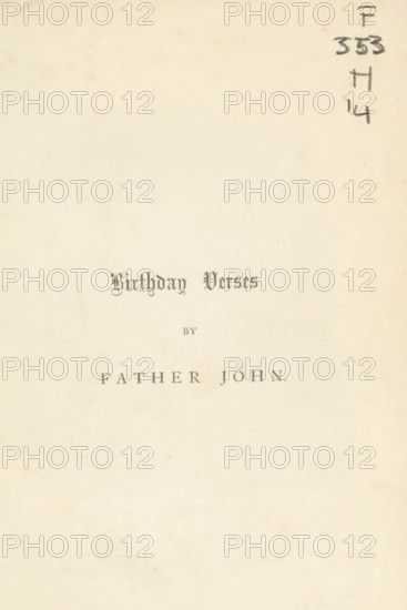 Birthday verses, book, writer (clerical worker): Father John, c. 1868, writer (clerical worker), textile materials, pasteboard, paper, linen (material), printing, albumen print, height 190 mm x width 129 mm x thickness 22 mm, A cream-colored page with a slightly aged texture and small scattered spots and smudges, a decorative title line set near the upper middle in a dark ornate type, a short simple line of small uppercase type beneath it, and a larger spaced uppercase name line below centered on the page, with a column of dark handwritten marks near the top right edge.
