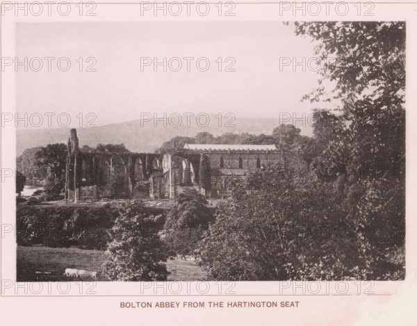 Bolton Abbey from the Hartington Seat, page, photomechanical print, c. 1890 - c. 1900, textile materials, linen (material), collotype, photoprint, height 102 mm x width 152 mm, ruin of church, monastery, Yorkshire, Wharfedale, Bolton Abbey, A sepia-toned landscape photograph showing ruins of a large stone abbey set among dense trees and rolling hills, with tall arched window openings and partial walls covered in vegetation, a cluster of trees filling the foreground and right side of the image, open fields and grazing sheep visible near the bottom left, distant hills forming the background, and a wide pale sky above.