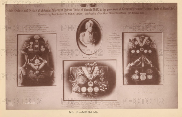 Medals, page, photomechanical print, number: 'No. 8.', c. 1881 - in or before 1891-05, paper, collotype, photoprint, height 115 mm x width 188 mm, medals and other marks of military honor, A faded rectangular print with a pale border showing three framed photographic panels arranged left, center, and right, each containing displays of medals and ribbons on dark fabric; an oval portrait of a man in uniform is positioned above the central panel; the left and right panels show similar arrangements of round medals, star-shaped badges, and draped sashes, with small decorative objects and a pair of crossed swords visible in the lower portions; the central lower panel shows a closer view of medals on a cloth with prominent circular and star decorations and a central ribbon; faint handwritten-style script is visible around the panels on the background.