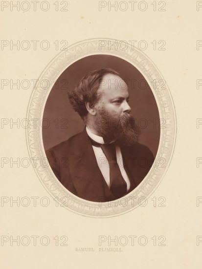 Samuel Plimsoll, page, photomechanical print, photographer: Lock & Whitfield, cliché maker: anonymous, c. 1871 - in or before 1876, paper, Woodburytype, height 115 mm x width 89 mm, Person, politician, eg party leader, historical persons (portraits and scenes from the life) ((full) bust portrait), A sepia-toned oval portrait of a man shown in profile facing right, with a full beard and swept-back hair, wearing a dark suit jacket, a white shirt, and a dark necktie, set against a plain darker background and surrounded by a decorative oval border on a light textured paper.