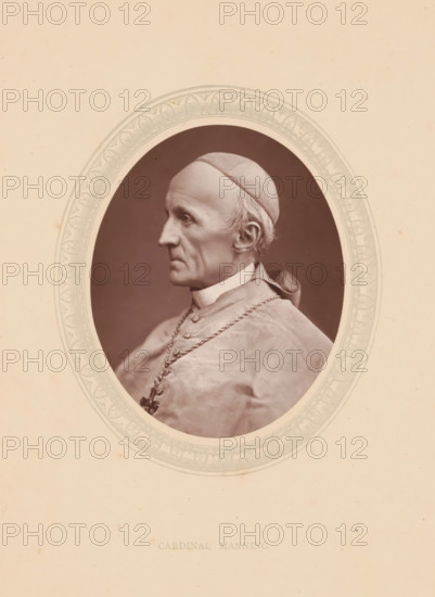 Cardinal Manning, page, photomechanical print, photographer: Lock & Whitfield, cliché maker: anonymous, c. 1871 - in or before 1876, paper, Woodburytype, height 115 mm x width 89 mm, Person, Henry Edward Manning, cardinal, historical persons (portraits and scenes from the life) ((full) bust portrait), An oval photographic portrait of an elderly man shown in profile facing left, wearing a skullcap and clerical robes with a chain and cross around his neck, set against a dark background and surrounded by a decorative oval border on a pale textured mount.