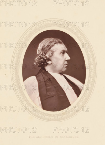 The archbishop of Canterbury, page, photomechanical print, photographer: Lock & Whitfield, cliché maker: anonymous, c. 1871 - in or before 1876, paper, Woodburytype, Woodbury Process, height 115 mm x width 89 mm, Person, Archibald Tait, archbishop, bishop, etc. (Roman Catholic), historical persons (portraits and scenes from the life) ((full) bust portrait), A sepia portrait of a man shown in profile facing right within an ornate oval frame, with short wavy hair and sideburns, a high forehead, a prominent nose, and a composed expression; he wears clerical robes with a dark stole over a lighter garment, and the oval opening reveals a dark background behind his head while the surrounding paper is light with decorative border details.