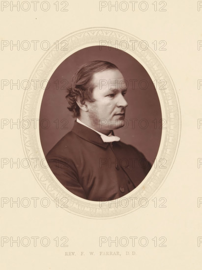 Rev. FW Farrar, DD, page, photomechanical print, photographer: Lock & Whitfield, cliché maker: anonymous, c. 1871 - in or before 1876, paper, Woodburytype, height 115 mm x width 89 mm, Person, Frederic Farrar, writer, poet, author, historical persons (portraits and scenes from the life) ((full) bust portrait), A sepia-toned oval portrait framed by a decorative border shows a man in three-quarter profile facing right, with wavy hair brushed back from his forehead and sideburns along his cheeks, wearing a dark buttoned coat and a light-colored collar, set against a plain darker background.