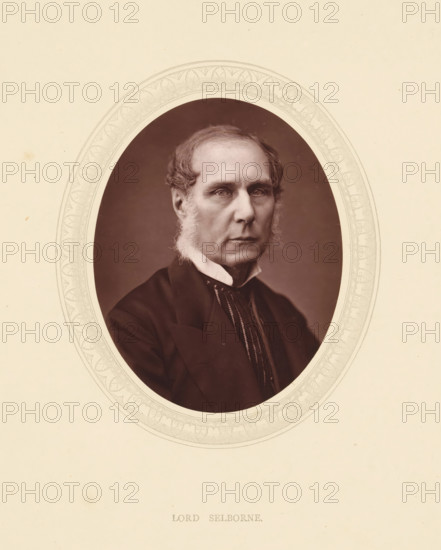 Lord Selborne, page, photomechanical print, photographer: Lock & Whitfield, cliché maker: anonymous, c. 1871 - in or before 1876, paper, Woodburytype, height 115 mm x width 89 mm, Person, Roundell Palmer (1st Earl of Selborne), politician, eg party leader, historical persons (portraits and scenes from the life) ((full) bust portrait), A sepia-toned oval portrait of an older man centered on a pale textured background, showing his head and upper torso facing forward with a neutral expression, short wavy hair, pronounced sideburns, and a high-collared shirt beneath a dark jacket, the oval frame featuring a delicate decorative border.