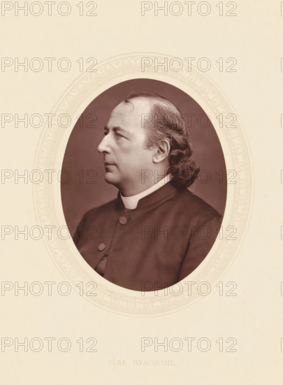 Père Hyacinthe, page, photomechanical print, photographer: Lock & Whitfield, cliché maker: anonymous, c. 1871 - in or before 1876, paper, Woodburytype, Woodbury Process, height 115 mm x width 89 mm, Person, Hyacinthe Loyson, theologian, historical persons (portraits and scenes from the life) ((full) bust portrait), A sepia-toned portrait of a middle-aged man shown in profile facing left, with a high forehead, a small curl of hair on his forehead, and wavy hair swept back to the nape of his neck; he wears a dark clerical garment with a visible collar and round buttons, and the portrait is framed by an ornate oval mat set against a pale background.
