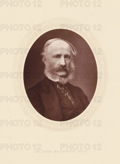 Sir James Macnaghten Hogg, page, photomechanical print, photographer: Lock & Whitfield, cliché maker: anonymous, c. 1871 - in or before 1876, paper, Woodburytype, Woodbury Process, height 115 mm x width 89 mm, Person, James McGarel-Hogg, politician, eg party leader, historical persons (portraits and scenes from the life) ((full) bust portrait), An oval sepia portrait of an older man with a high forehead and receding hairline, showing side-swept hair and full bushy mutton chop whiskers framing his face, dressed in a dark suit jacket, waistcoat, and patterned necktie, centered within an ornate light-colored oval frame set against a pale background.