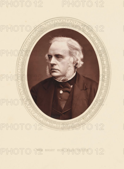 The right hon. John Bright, page, photomechanical print, photographer: Lock & Whitfield, cliché maker: anonymous, c. 1871 - in or before 1876, paper, Woodburytype, Woodbury Process, height 115 mm x width 89 mm, Person, John Bright, politician, eg party leader, historical persons (portraits and scenes from the life) ((full) bust portrait), A sepia portrait of an older man shown from the chest up inside an oval frame with an ornate patterned border, the man facing slightly to his left with a serious expression, light hair brushed back and distinct sideburns, wearing a dark suit jacket, waistcoat, high-collared shirt, and a bow at the neck, set against a dark oval background and surrounded by a pale rectangular mount.