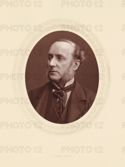 James Sant, page, photomechanical print, photographer: Lock & Whitfield, cliché maker: anonymous, c. 1871 - in or before 1876, paper, Woodburytype, Woodbury Process, height 115 mm x width 89 mm, Person, portrait, self-portrait of painter, historical persons (portraits and scenes from the life) ((full) bust portrait), A sepia-toned oval portrait of a middle-aged man framed by a decorative oval border on a light background, showing a three-quarter view of his head and upper torso, with a high forehead and receding hairline, side-whiskers, a composed facial expression, a dark suit jacket, a waistcoat, and a tied cravat.