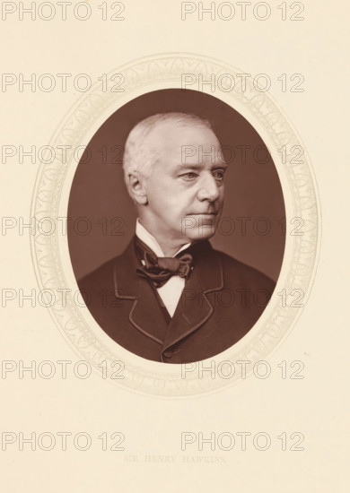 Sir Henry Hawkins, page, photomechanical print, photographer: Lock & Whitfield, cliché maker: anonymous, c. 1871 - in or before 1876, paper, Woodburytype, Woodbury Process, height 115 mm x width 89 mm, Person, Henry Hawkins, magistracy, judges, historical persons (portraits and scenes from the life) ((full) bust portrait), A sepia-toned oval portrait of an older man shown from the chest up, facing slightly to the right, with short light hair and a serious expression, wearing a dark suit jacket with a high collar and a bow tied at the neck; the oval image is set against a light background and surrounded by a decorative patterned border.