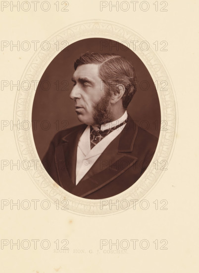 Right hon. GJ Goschen, page, photomechanical print, photographer: Lock & Whitfield, cliché maker: anonymous, c. 1871 - in or before 1876, paper, Woodburytype, Woodbury Process, height 115 mm x width 89 mm, Person, George Goschen, politician, eg party leader, historical persons (portraits and scenes from the life) ((full) bust portrait), A sepia-toned oval portrait of a man shown in profile facing left, with neatly combed hair, prominent sideburns, and a neutral expression, wearing a dark jacket with wide lapels, a light-colored waistcoat, and a patterned necktie, all set against a plain dark background and surrounded by a decorative pale oval mat on a light sheet.