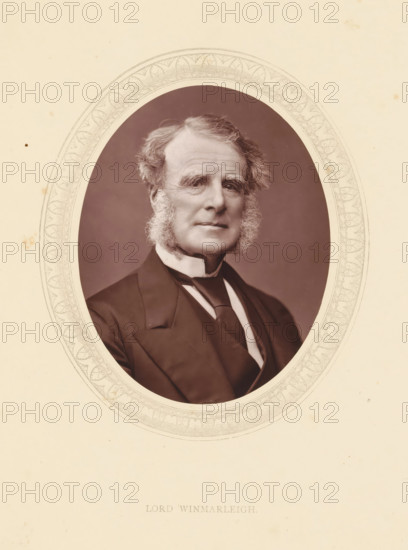 Lord Winmarleigh, page, photomechanical print, photographer: Lock & Whitfield, cliché maker: anonymous, c. 1871 - in or before 1876, paper, Woodburytype, Woodbury Process, height 115 mm x width 89 mm, Person, John Wilson-Patten, politician, eg party leader, historical persons (portraits and scenes from the life) ((full) bust portrait), An oval-framed sepia portrait of an older man with swept-back hair and prominent sideburns, wearing a dark suit jacket, waistcoat, high-collar shirt, and a dark necktie, set against a plain background and surrounded by a decorative patterned border on a creamy sheet.