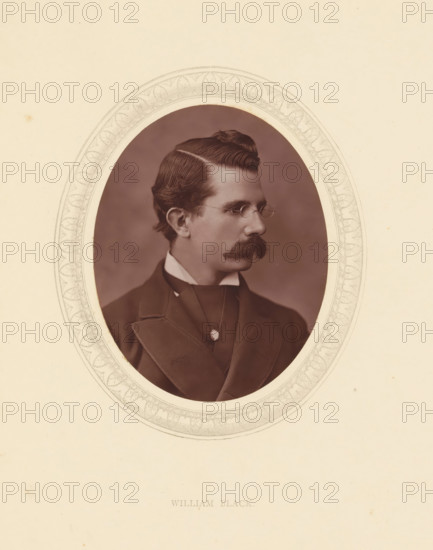 William Black, page, photomechanical print, photographer: Lock & Whitfield, cliché maker: anonymous, c. 1871 - in or before 1876, paper, Woodburytype, Woodbury Process, height 115 mm x width 89 mm, Person, portrait of a writer, historical persons (portraits and scenes from the life) ((full) bust portrait), An oval sepia portrait of a man with neatly combed dark hair and a prominent mustache, shown in three-quarter profile facing right, wearing small round spectacles, a high collared shirt with a dark jacket and a pendant on a chain, set within a decorative oval mat on a cream background.