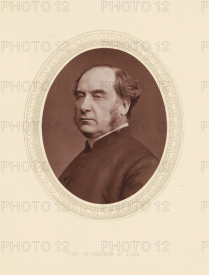 The archbishop of York, page, photomechanical print, photographer: Lock & Whitfield, cliché maker: anonymous, c. 1873 - in or before 1878, paper, Woodburytype, Woodbury Process, height 115 mm x width 89 mm, Person, William Thomson, archbishop, bishop, etc. (Roman Catholic), historical persons (portraits and scenes from the life) ((full) bust portrait), A sepia portrait of a middle-aged man shown from the chest up inside an ornate oval frame, with a neutral backdrop inside the oval and a plain light background outside it, the man facing slightly to his left with a composed expression, sideburns and neatly combed hair, wearing a dark high-collared garment.