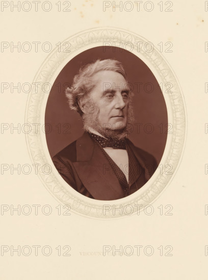 Viscount Cardwell, page, photomechanical print, photographer: Lock & Whitfield, cliché maker: anonymous, c. 1873 - in or before 1878, paper, Woodburytype, Woodbury Process, height 115 mm x width 89 mm, Person, Edward Cardwell, politician, eg party leader, historical persons (portraits and scenes from the life) ((full) bust portrait), A sepia-toned oval portrait of an older man shown from the chest up, set against a decorative oval border on a pale background, with the man turned slightly to his left and looking off-camera; he has wavy light-colored hair and prominent side whiskers framing his jaw, a lined forehead and a composed facial expression, and he is wearing a dark coat with a patterned cravat and a vest visible beneath, the decorative border around the oval featuring a repeating leaf-like motif.