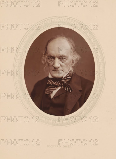 Richard Owen, page, photomechanical print, photographer: Lock & Whitfield, cliché maker: anonymous, c. 1873 - in or before 1878, paper, Woodburytype, Woodbury Process, height 115 mm x width 89 mm, Person, scholar, philosopher, historical persons (portraits and scenes from the life) ((full) bust portrait), A sepia portrait of an older man shown from the chest up inside an ornate oval frame on a cream background, with thinning hair swept back, prominent sideburns, deep-set eyes, a serious expression, a dark coat over a waistcoat, and a striped bow tied at the neck.