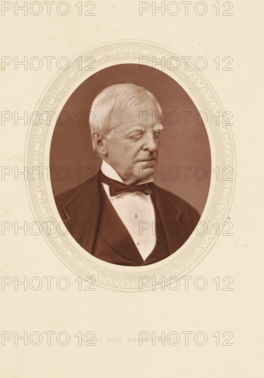 Right hon. Robert Lowe, page, photomechanical print, photographer: Lock & Whitfield, cliché maker: anonymous, c. 1873 - in or before 1878, paper, Woodburytype, Woodbury Process, height 115 mm x width 89 mm, Person, Robert Lowe, politician, eg party leader, historical persons (portraits and scenes from the life) ((full) bust portrait), An oval sepia portrait of an older man shown from the chest up, facing slightly to the viewer's left, with light hair combed back and prominent eyebrows, wearing a dark jacket with a white shirt and a bow tie, set against a plain darker background and surrounded by a decorative oval border on a light paper background.