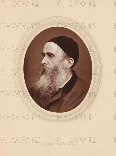 Erskine Nicol, ARA, page, photomechanical print, photographer: Lock & Whitfield, cliché maker: anonymous, c. 1875 - in or before 1880, paper, Woodburytype, Woodbury Process, height 115 mm x width 89 mm, Person, portrait, self-portrait of painter, historical persons (portraits and scenes from the life) ((full) bust portrait), An oval sepia photograph of an older man in profile set within a decorative oval mat, showing his forehead, closed lips, prominent nose, and a long full beard with visible curls and texture, a dark cap covering his hair, a dark collar and coat visible at the base of the oval, and an ornate patterned border surrounding the photograph against a plain light background.