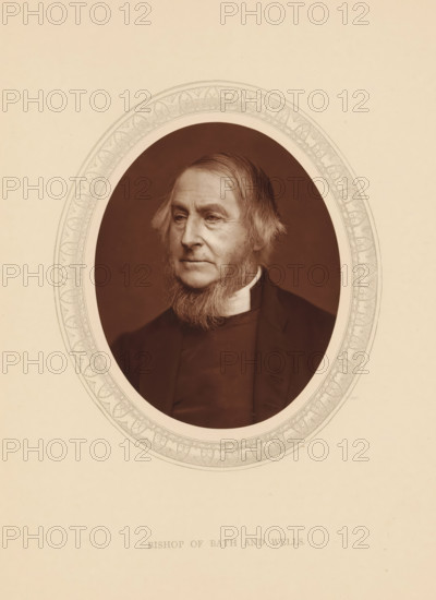 Bishop of Bath and Wells, page, photomechanical print, photographer: Lock & Whitfield, cliché maker: anonymous, c. 1875 - in or before 1880, paper, Woodburytype, Woodbury Process, height 115 mm x width 89 mm, Person, Arthur Hervey, archbishop, bishop, etc. (Roman Catholic), historical persons (portraits and scenes from the life) ((full) bust portrait), An oval sepia photograph of an older man with a beard framed by an ornate oval border set on a plain light background, the man shown from the chest up wearing a dark robe and a white clerical collar, his hair combed back with sideburns and a full beard, his expression neutral and gaze directed slightly to the side.