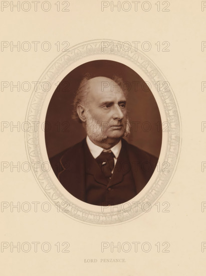 Lord Penzance, page, photomechanical print, photographer: Lock & Whitfield, cliché maker: anonymous, c. 1875 - in or before 1880, paper, Woodburytype, Woodbury Process, height 115 mm x width 89 mm, Person, James Wilde, magistracy, judges, historical persons (portraits and scenes from the life) ((full) bust portrait), An oval sepia portrait of an older man with receding hair and prominent sideburns set against a dark background, the man wearing a dark suit jacket, waistcoat, and a shirt with a visible collar and tie, framed by an ornate oval border on a light beige page.