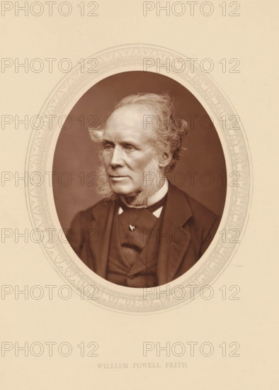 William Powell Frith, page, photomechanical print, photographer: Lock & Whitfield, cliché maker: anonymous, c. 1875 - in or before 1880, paper, Woodburytype, Woodbury Process, height 115 mm x width 89 mm, Person, portrait, self-portrait of painter, historical persons (portraits and scenes from the life) ((full) bust portrait), A sepia-toned oval portrait of an older man with light-colored hair styled back from his forehead and prominent sideburns, wearing a dark suit jacket, waistcoat, and a high-collared shirt with a bow or cravat at the neck, set against a plain darker background and surrounded by a decorative oval mat with an intricate repeating leaf-and-scroll pattern on a light-colored mount.
