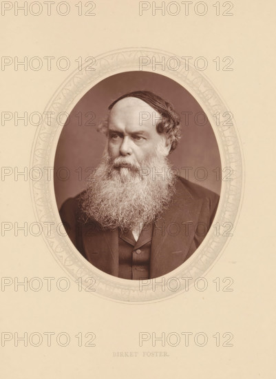 Birket Foster, page, photomechanical print, photographer: Lock & Whitfield, cliché maker: anonymous, c. 1875 - in or before 1880, paper, Woodburytype, Woodbury Process, height 115 mm x width 89 mm, Person, Myles Birket Foster, portrait, self-portrait of painter, historical persons (portraits and scenes from the life) ((full) bust portrait), A sepia-toned oval portrait of an older man with a full long beard and mustache, wearing a dark suit jacket and waistcoat, set against a plain darker background and framed by a decorative oval mat with patterned edging.