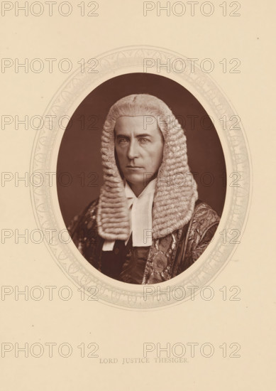 Lord justice Thesiger, page, photomechanical print, photographer: Lock & Whitfield, cliché maker: anonymous, c. 1875 - in or before 1880, paper, Woodburytype, Woodbury Process, height 115 mm x width 89 mm, Person, Alfred Thesiger, magistracy, judges, historical persons (portraits and scenes from the life) ((full) bust portrait), An oval sepia portrait shows a person wearing a full, curled white judicial wig and a dark robe with ornate patterned fabric visible on one shoulder, a white neckband visible at the throat, and a solemn facial expression with light-colored eyes, framed by a decorated oval border on a pale background.